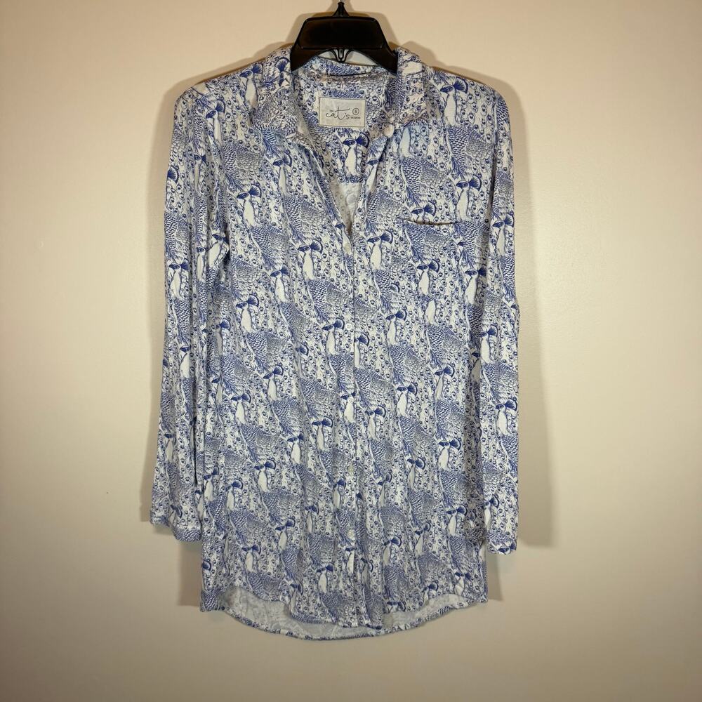 The Cats Pajamas Long Sleeve Night Shirt Women S Button Front Blue White Peacock